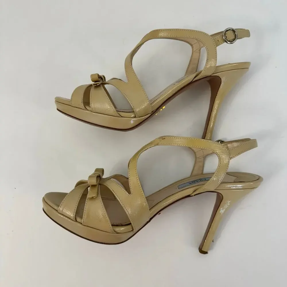 Prada Patent Leather Bow Accents Strappy Sandals Shoes Nude Tan | 37.5 (US 7.5)